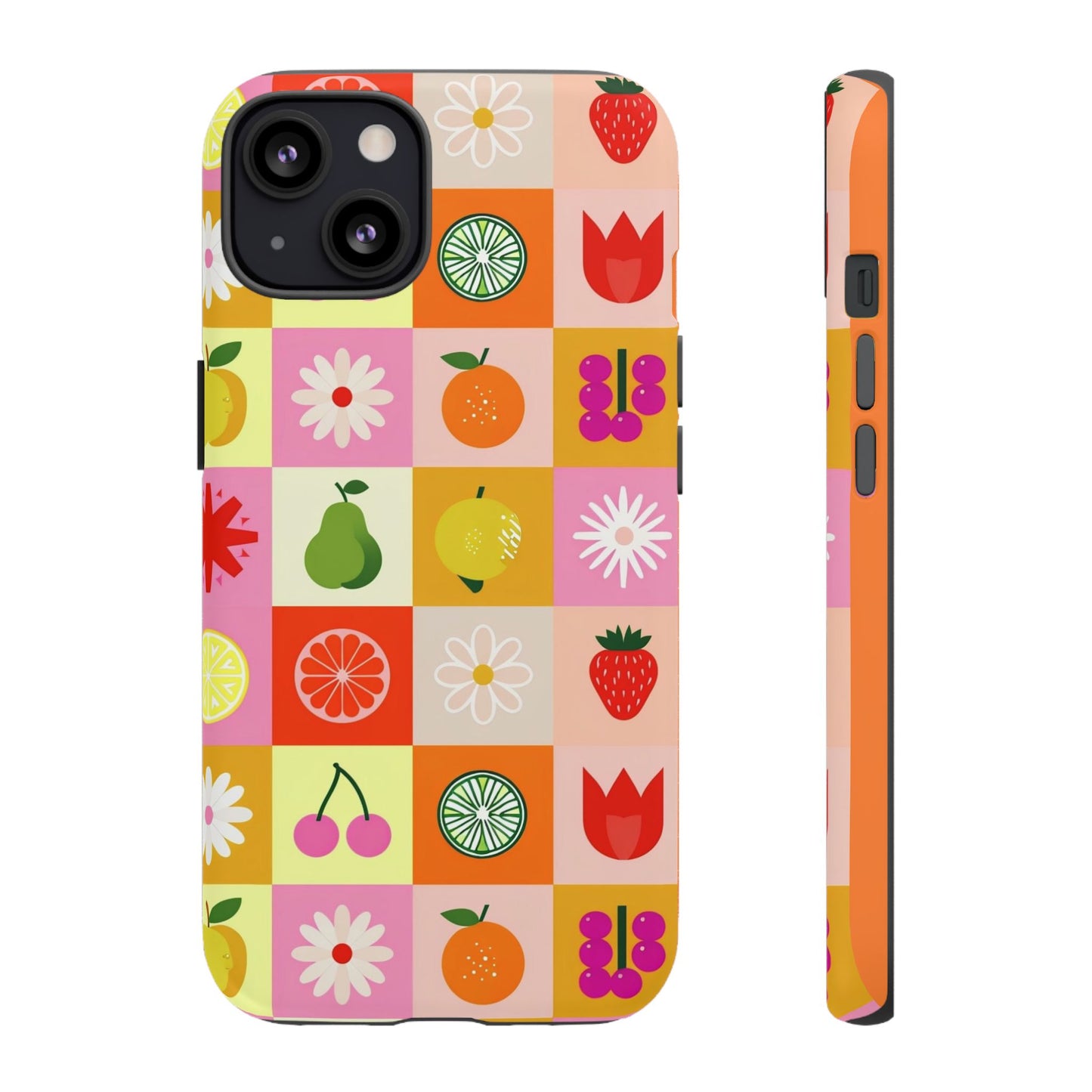 Flowers And Fruit Checkered Phone Cases For iPhone, Samsung Galaxy, and Google Pixel