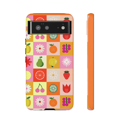 Flowers And Fruit Checkered Phone Cases For iPhone, Samsung Galaxy, and Google Pixel