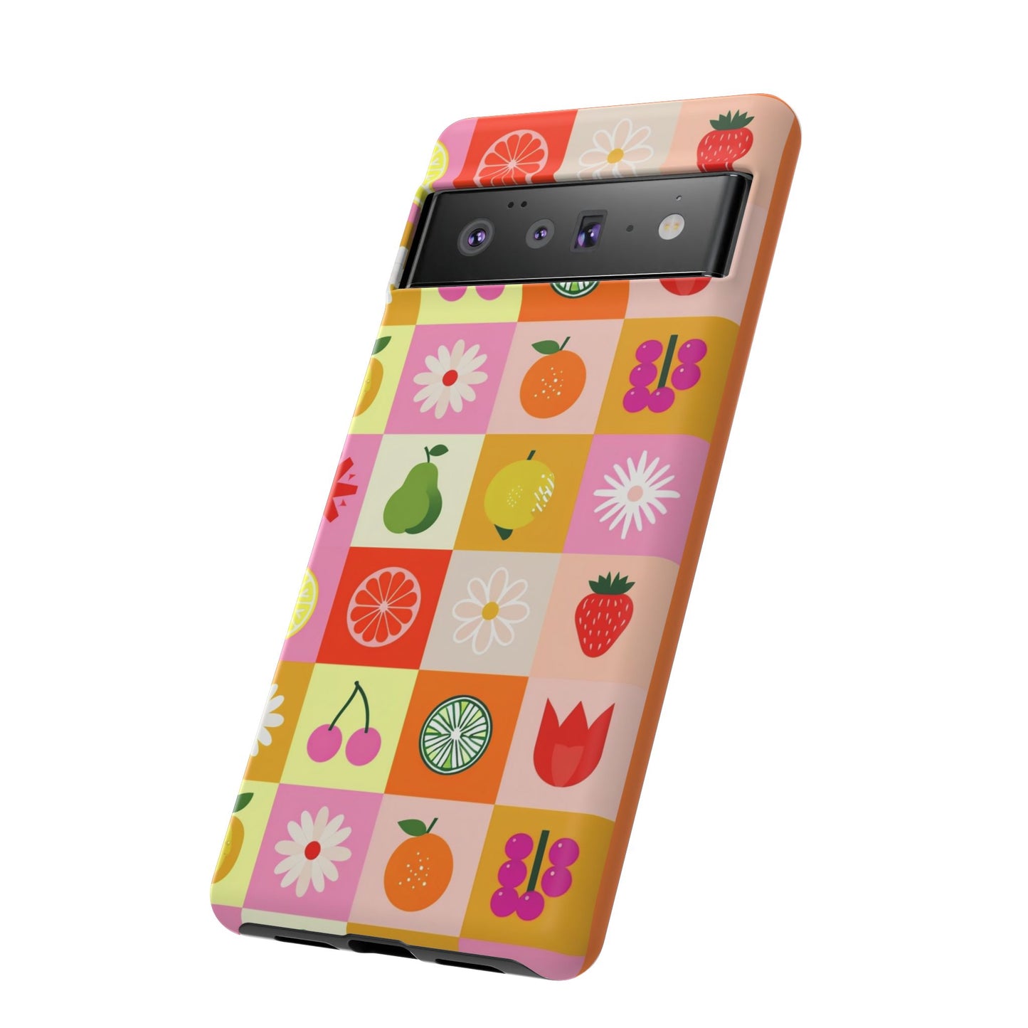 Flowers And Fruit Checkered Phone Cases For iPhone, Samsung Galaxy, and Google Pixel