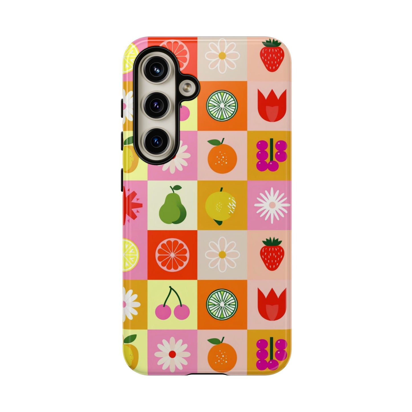 Flowers And Fruit Checkered Phone Cases For iPhone, Samsung Galaxy, and Google Pixel