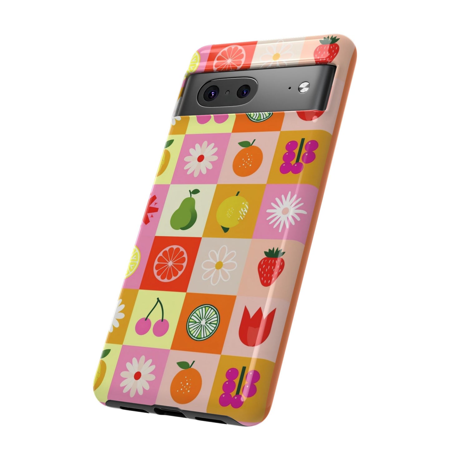 Flowers And Fruit Checkered Phone Cases For iPhone, Samsung Galaxy, and Google Pixel