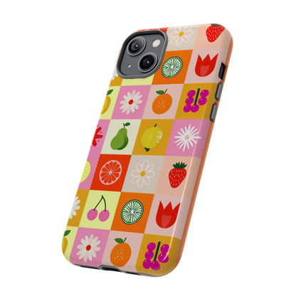 Flowers And Fruit Checkered Phone Cases For iPhone, Samsung Galaxy, and Google Pixel