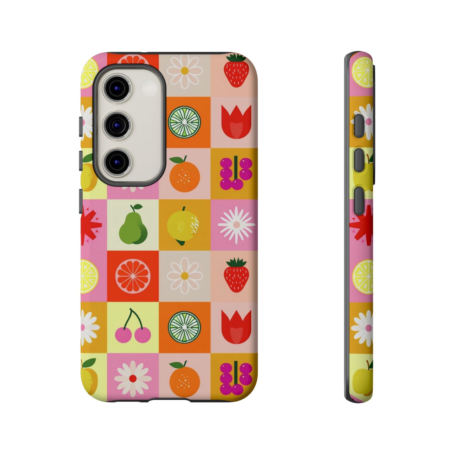 Flowers And Fruit Checkered Phone Cases For iPhone, Samsung Galaxy, and Google Pixel