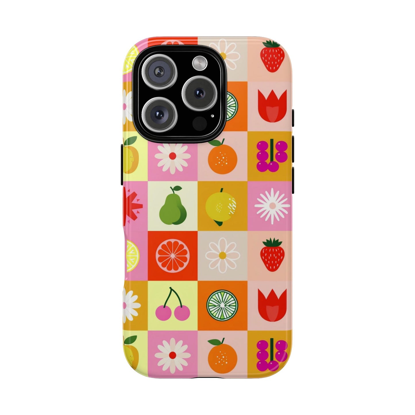 Flowers And Fruit Checkered Phone Cases For iPhone, Samsung Galaxy, and Google Pixel