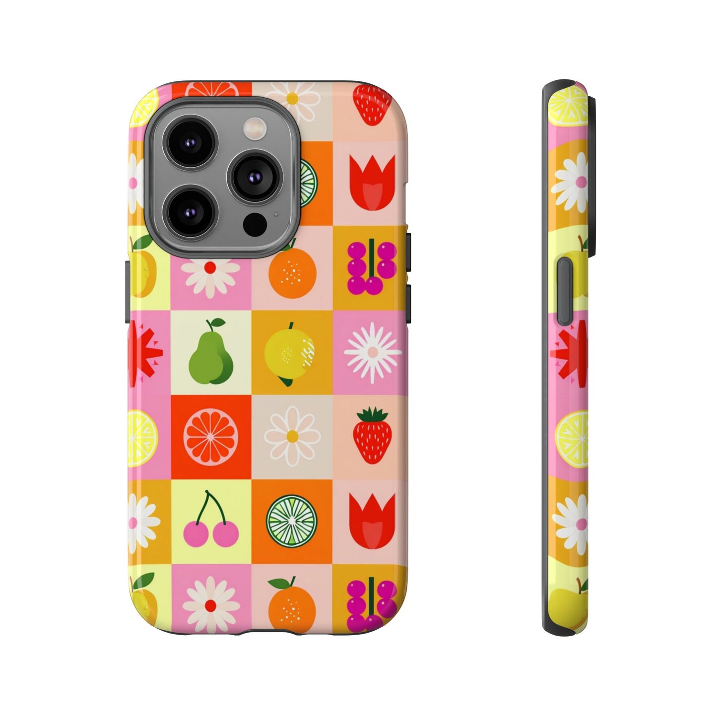 Flowers And Fruit Checkered Phone Cases For iPhone, Samsung Galaxy, and Google Pixel