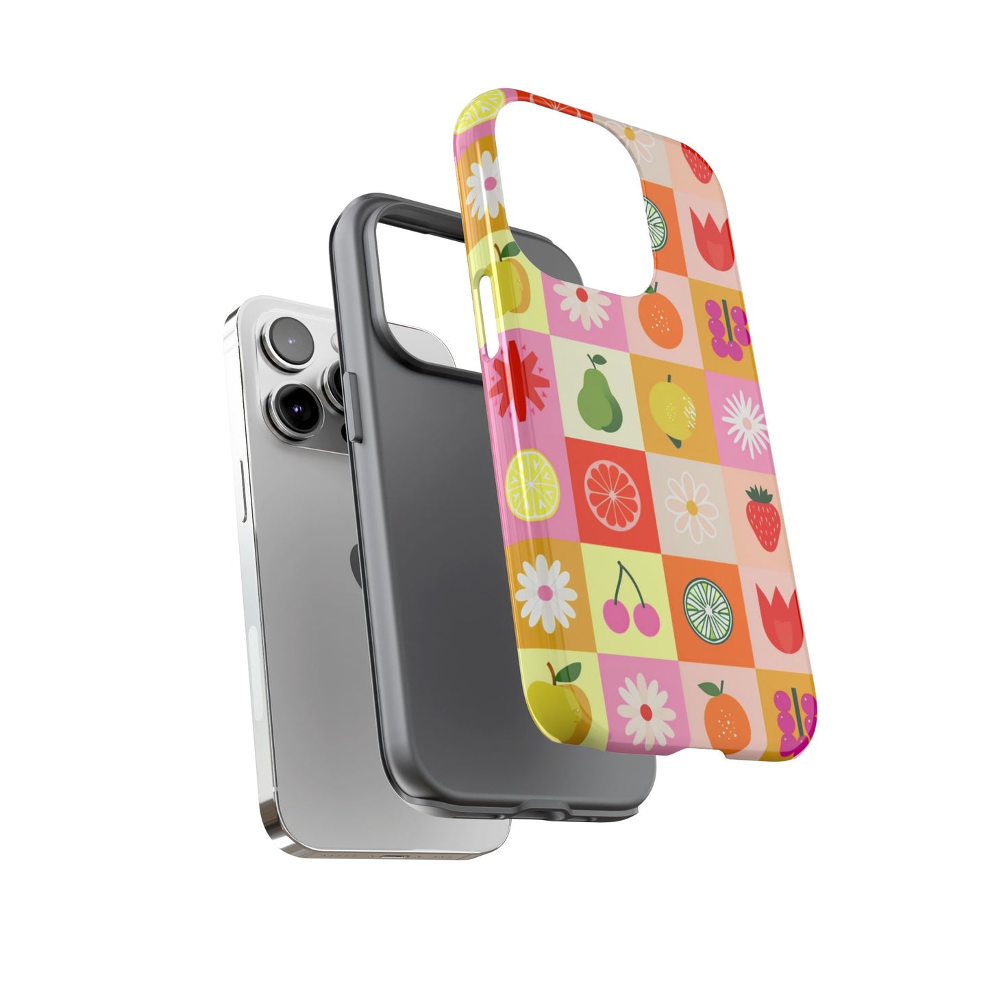 Flowers And Fruit Checkered Phone Cases For iPhone, Samsung Galaxy, and Google Pixel