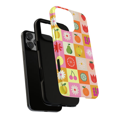 Flowers And Fruit Checkered Phone Cases For iPhone, Samsung Galaxy, and Google Pixel