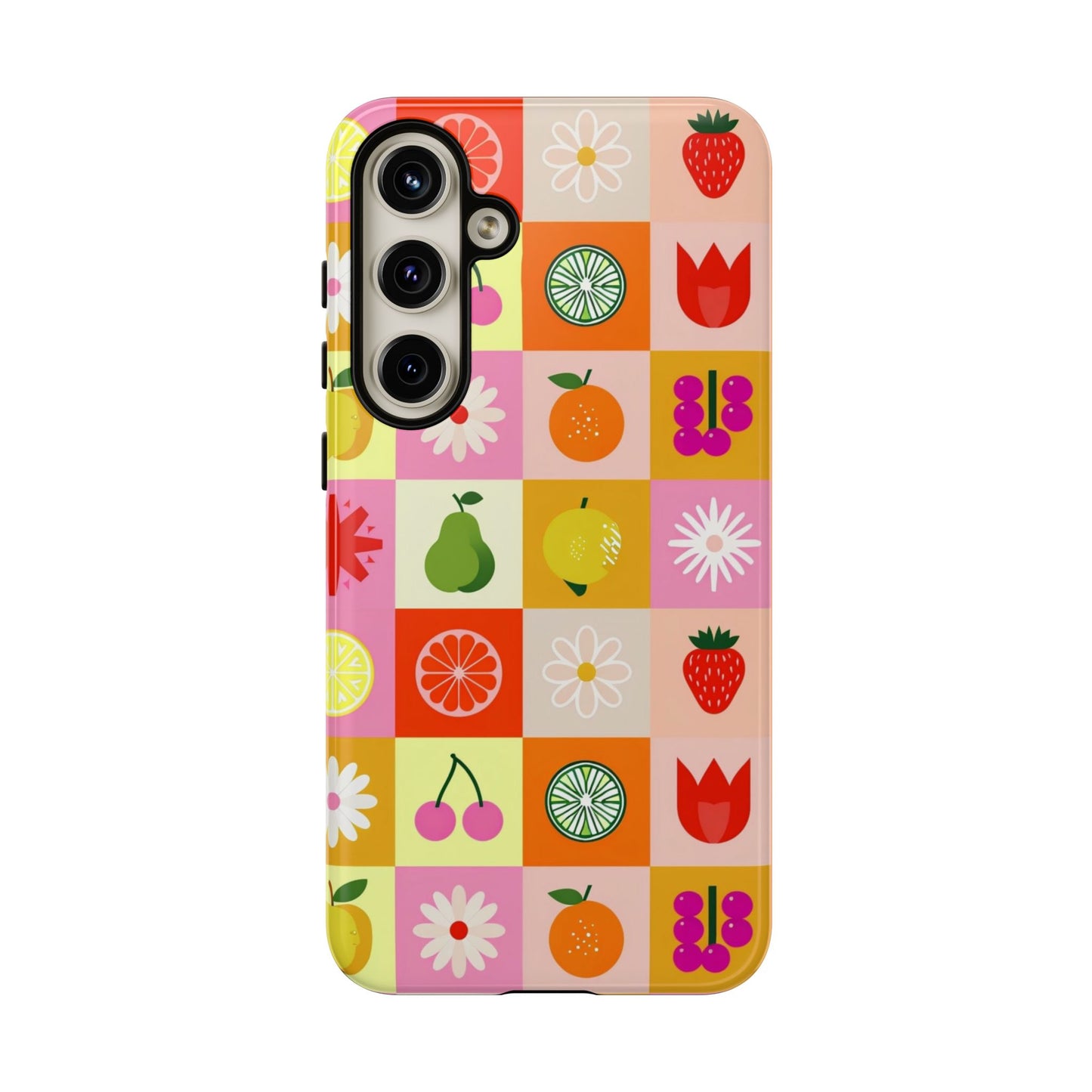 Flowers And Fruit Checkered Phone Cases For iPhone, Samsung Galaxy, and Google Pixel