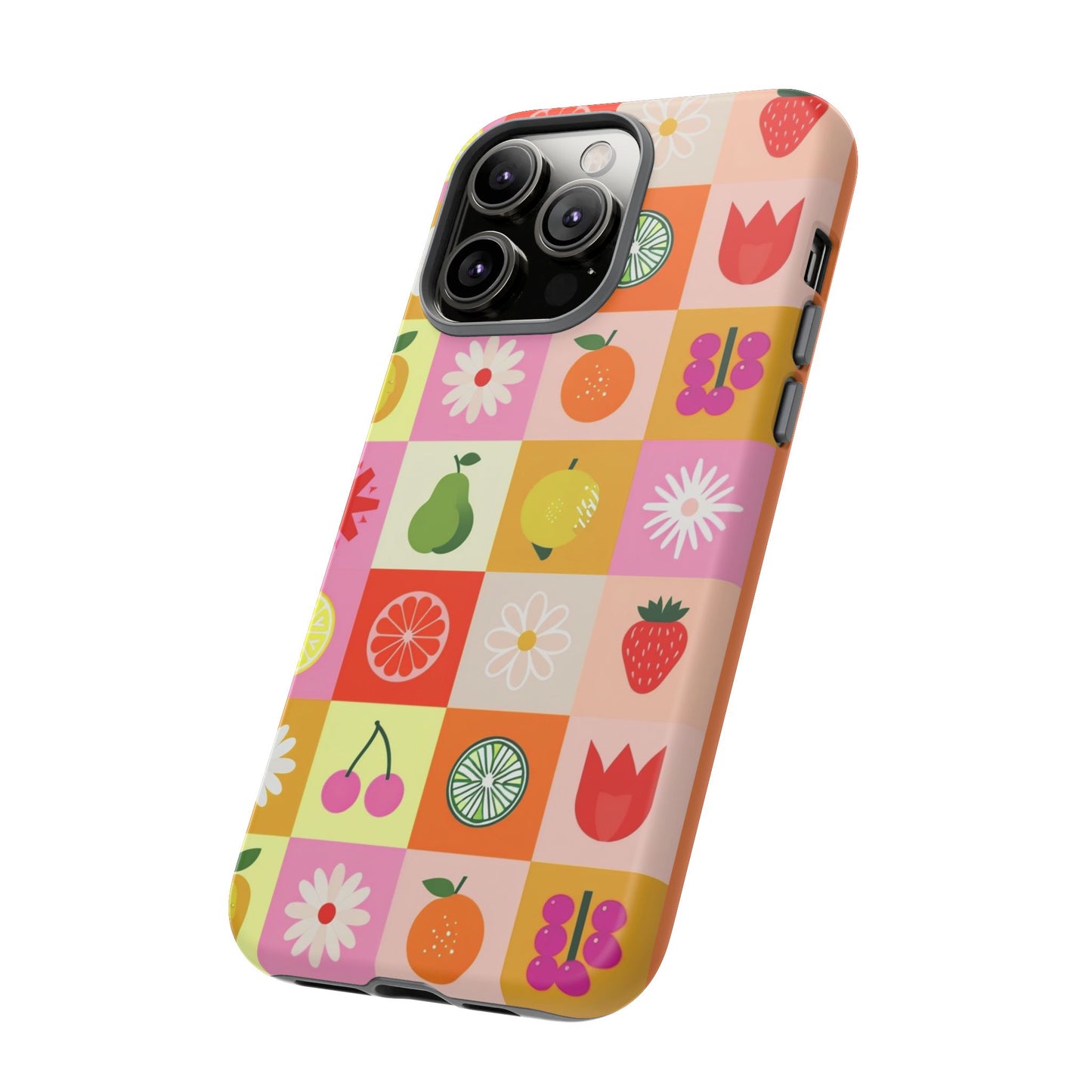 Flowers And Fruit Checkered Phone Cases For iPhone, Samsung Galaxy, and Google Pixel