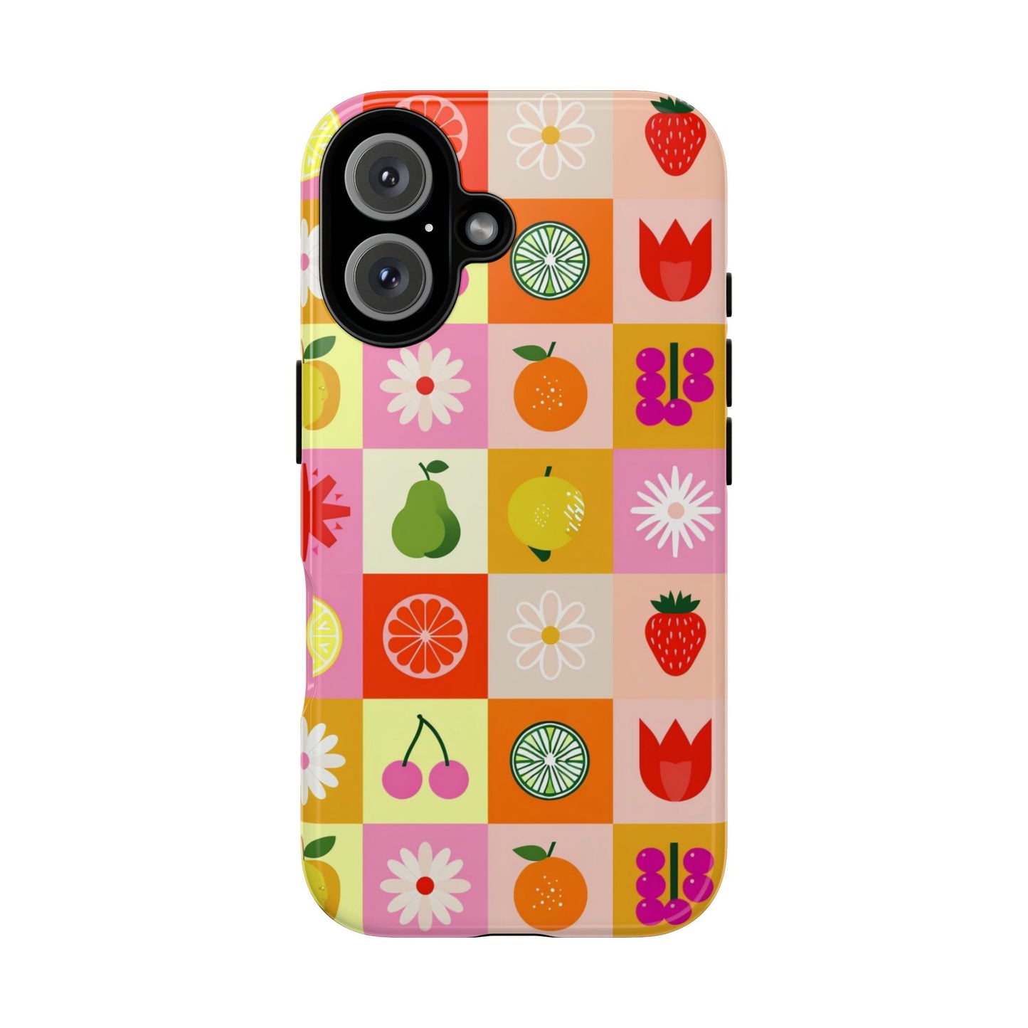 Flowers And Fruit Checkered Phone Cases For iPhone, Samsung Galaxy, and Google Pixel