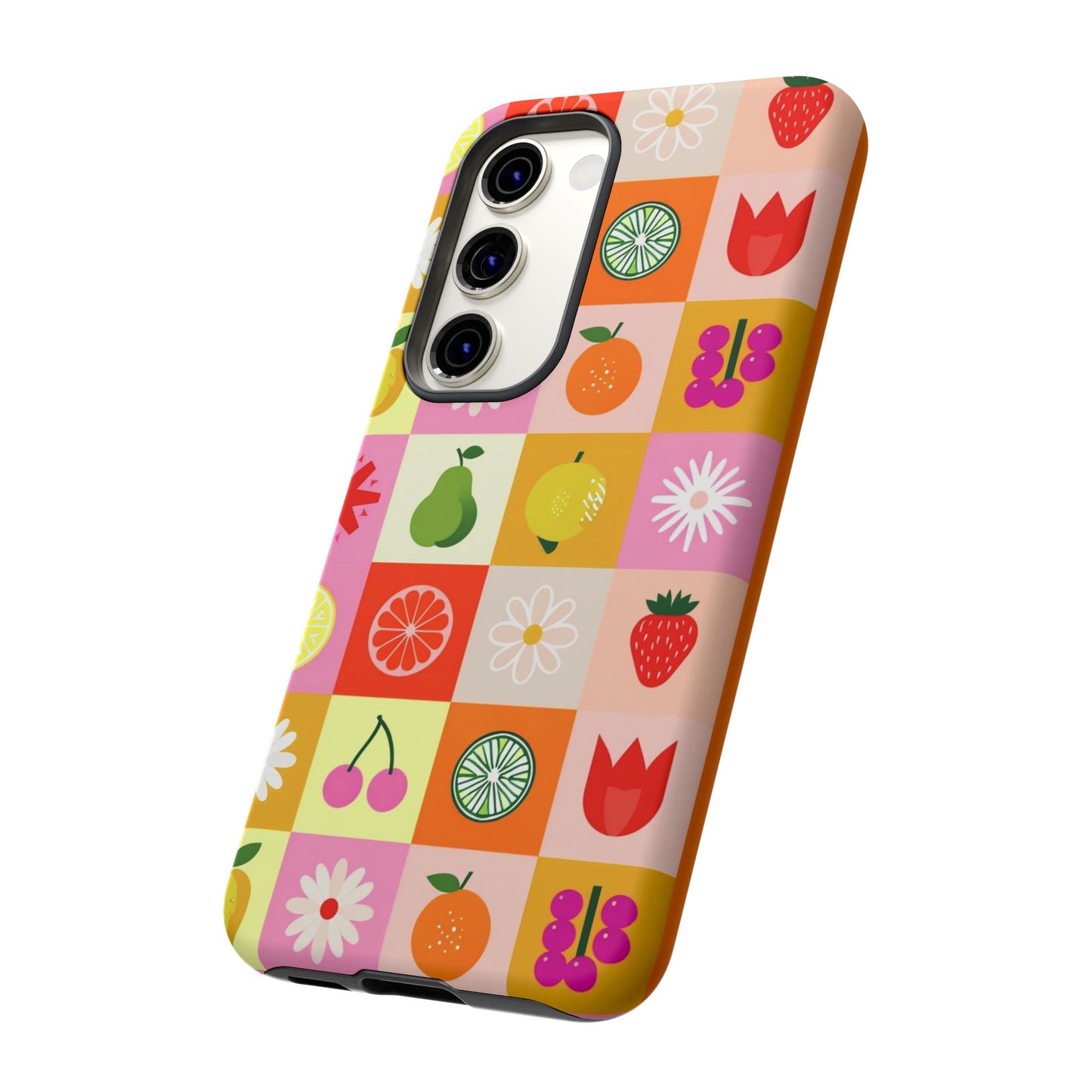 Flowers And Fruit Checkered Phone Cases For iPhone, Samsung Galaxy, and Google Pixel