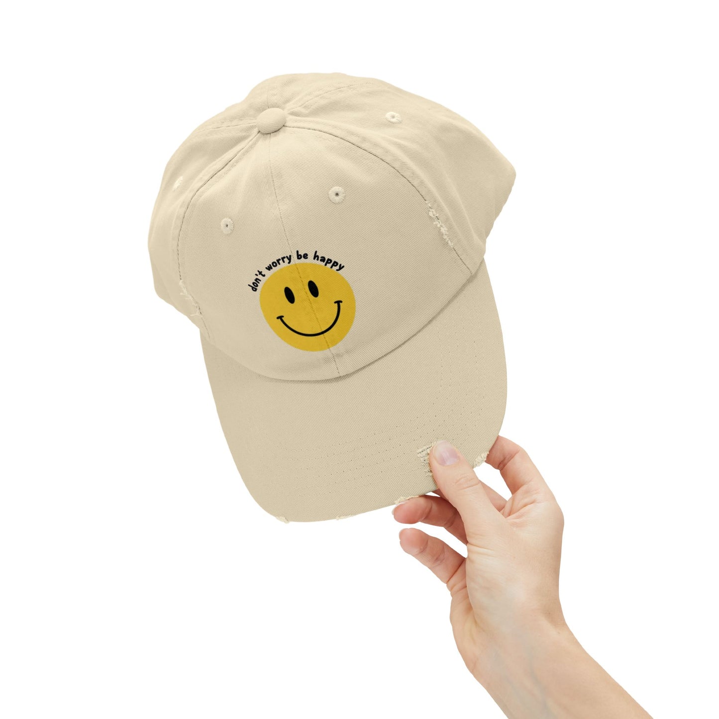 "Don't Worry Be Happy" Unisex Distressed Cap - Smiley Hat for Casual Outings and Gift Giving