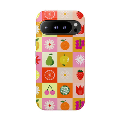 Flowers And Fruit Checkered Phone Cases For iPhone, Samsung Galaxy, and Google Pixel