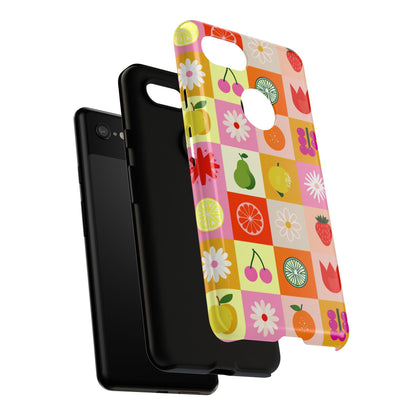 Flowers And Fruit Checkered Phone Cases For iPhone, Samsung Galaxy, and Google Pixel