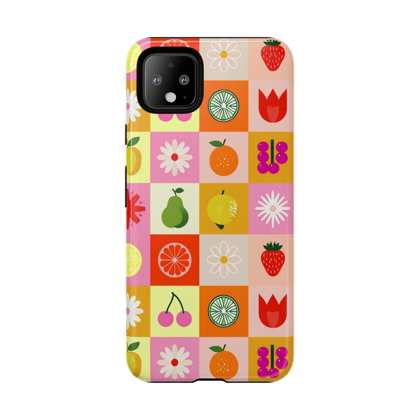 Flowers And Fruit Checkered Phone Cases For iPhone, Samsung Galaxy, and Google Pixel