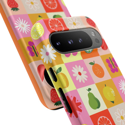 Flowers And Fruit Checkered Phone Cases For iPhone, Samsung Galaxy, and Google Pixel