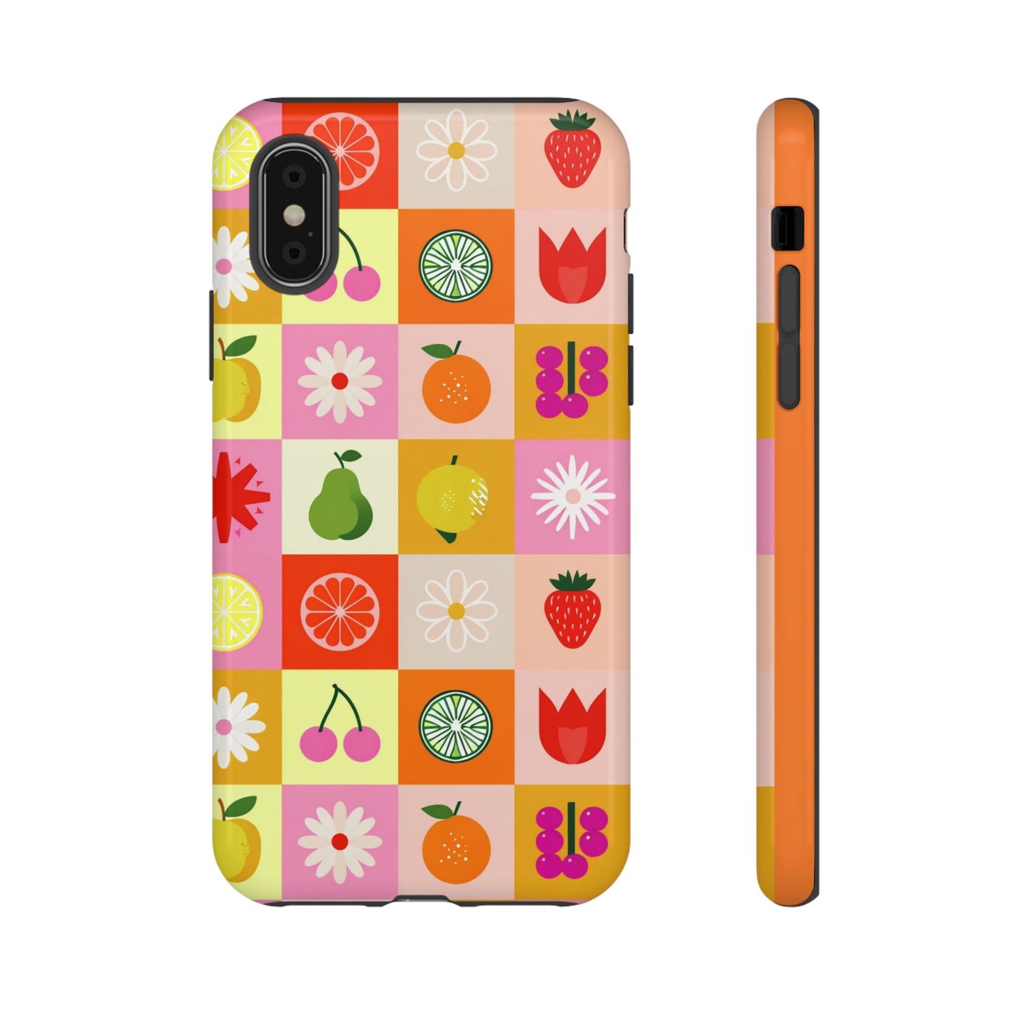 Flowers And Fruit Checkered Phone Cases For iPhone, Samsung Galaxy, and Google Pixel