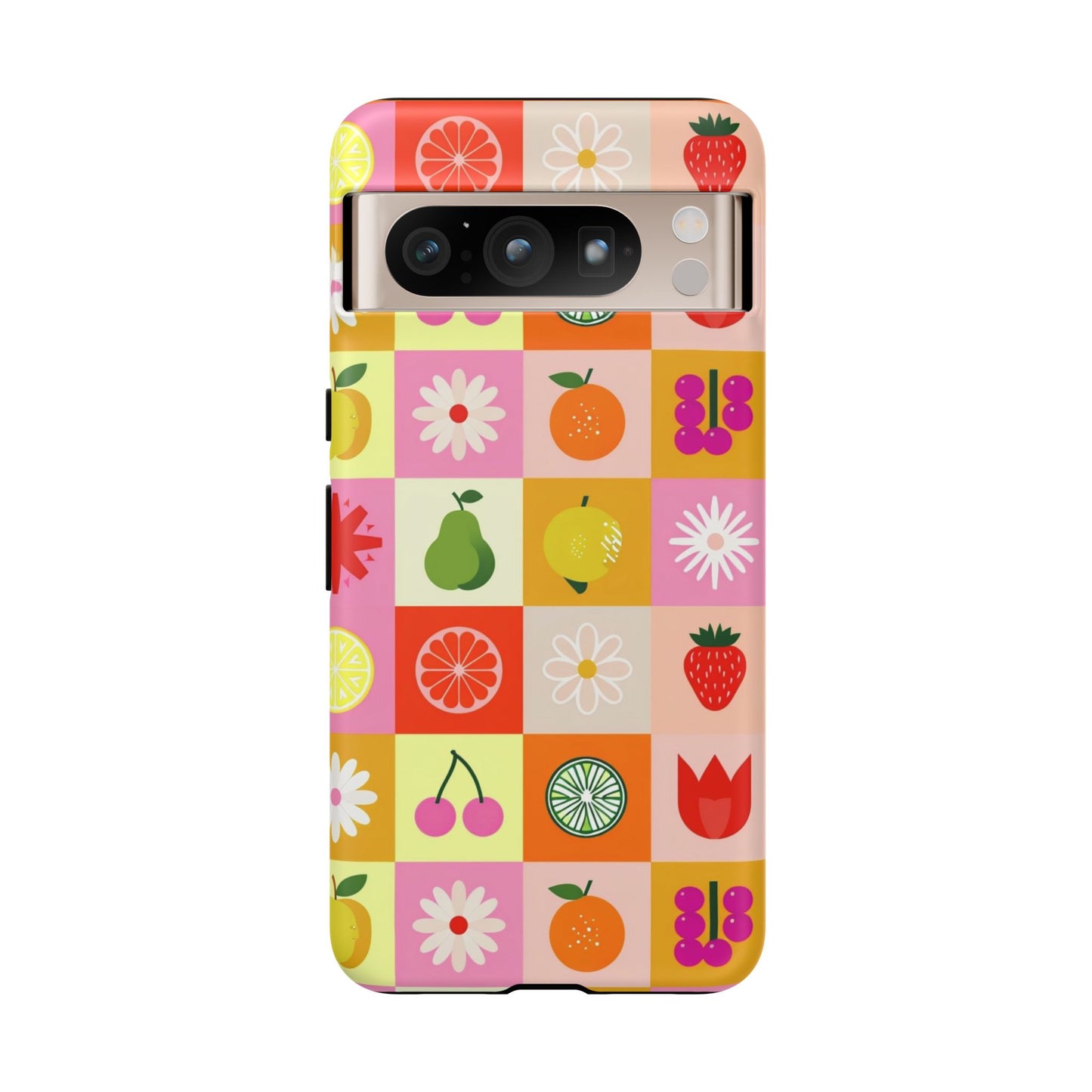 Flowers And Fruit Checkered Phone Cases For iPhone, Samsung Galaxy, and Google Pixel