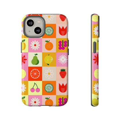 Flowers And Fruit Checkered Phone Cases For iPhone, Samsung Galaxy, and Google Pixel