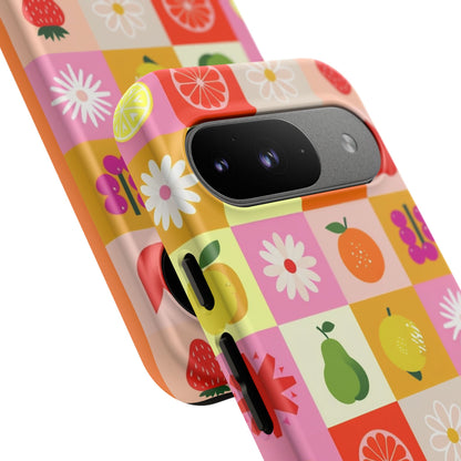 Flowers And Fruit Checkered Phone Cases For iPhone, Samsung Galaxy, and Google Pixel