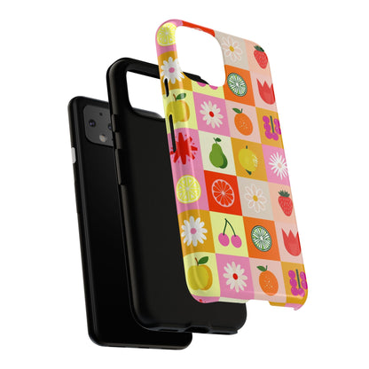 Flowers And Fruit Checkered Phone Cases For iPhone, Samsung Galaxy, and Google Pixel