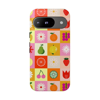 Flowers And Fruit Checkered Phone Cases For iPhone, Samsung Galaxy, and Google Pixel