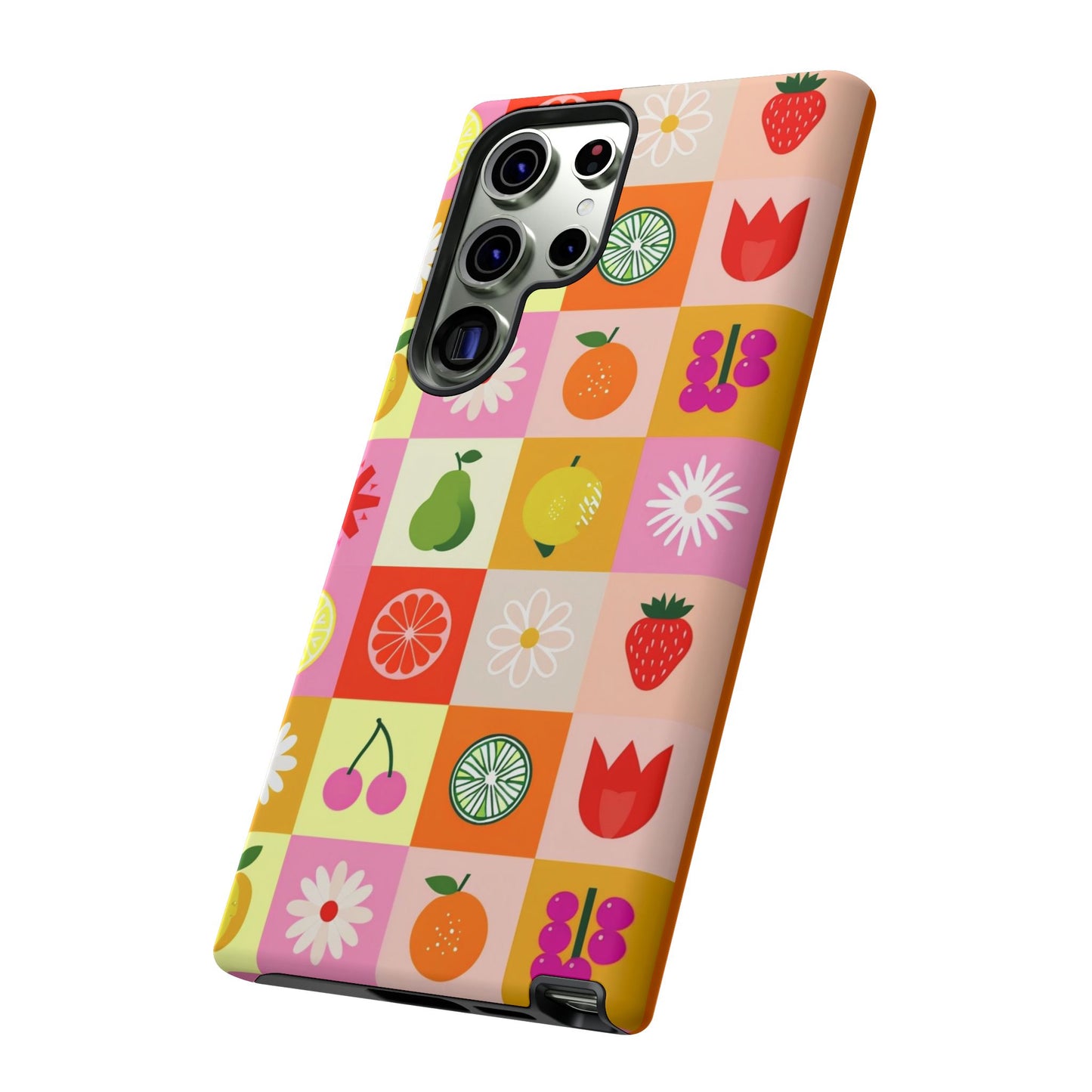 Flowers And Fruit Checkered Phone Cases For iPhone, Samsung Galaxy, and Google Pixel