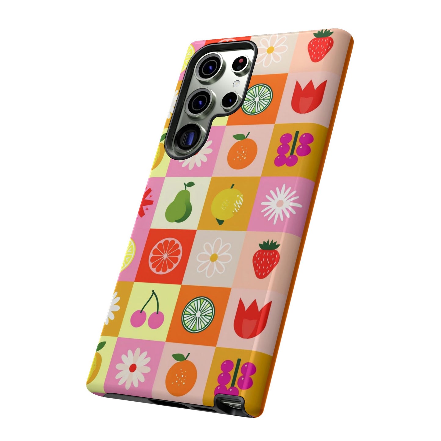 Flowers And Fruit Checkered Phone Cases For iPhone, Samsung Galaxy, and Google Pixel