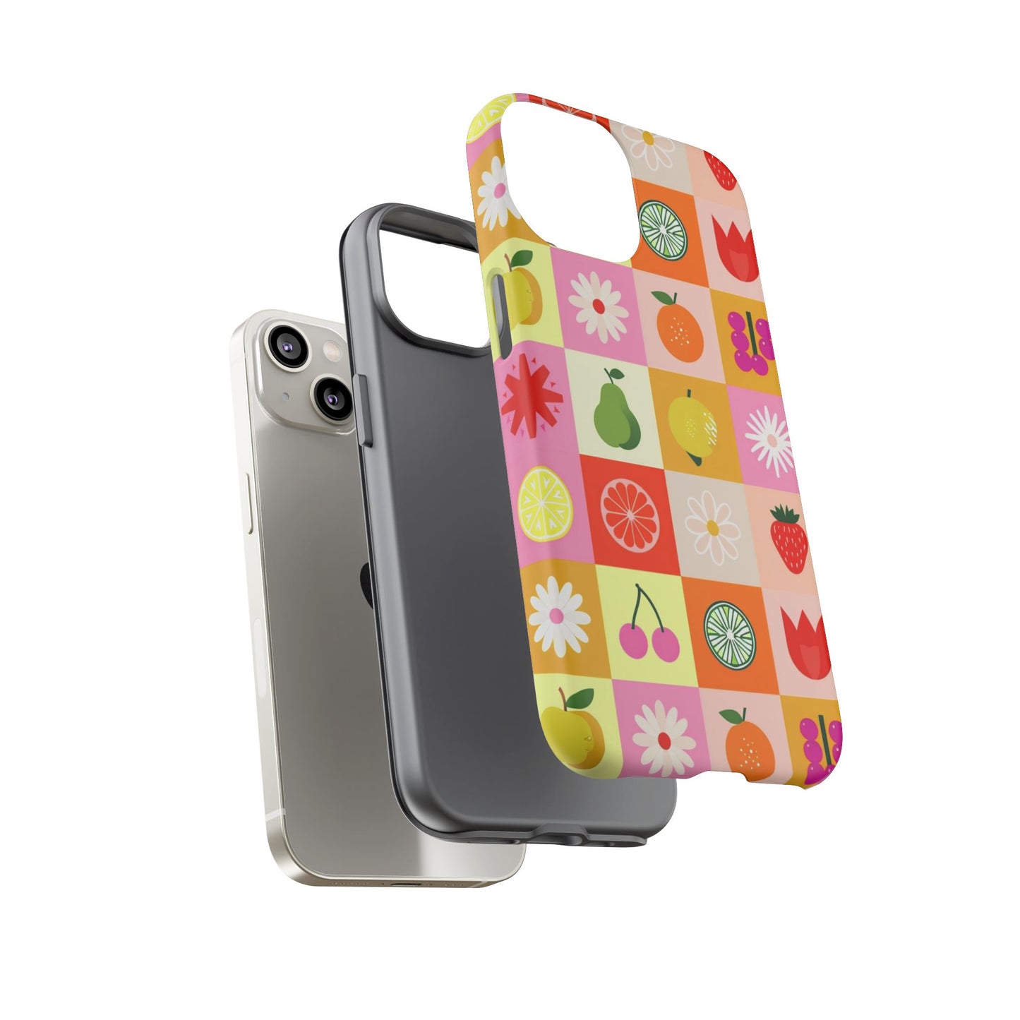 Flowers And Fruit Checkered Phone Cases For iPhone, Samsung Galaxy, and Google Pixel