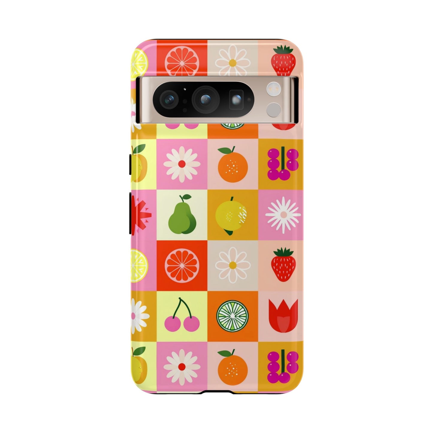 Flowers And Fruit Checkered Phone Cases For iPhone, Samsung Galaxy, and Google Pixel