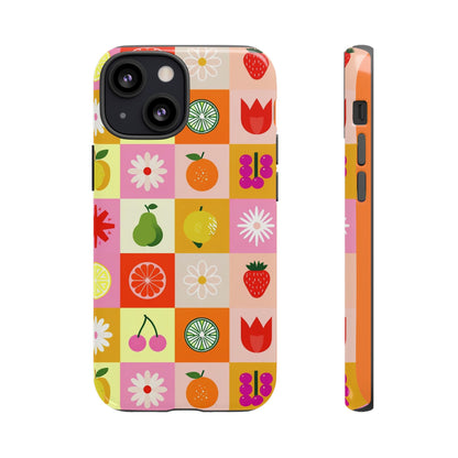 Flowers And Fruit Checkered Phone Cases For iPhone, Samsung Galaxy, and Google Pixel