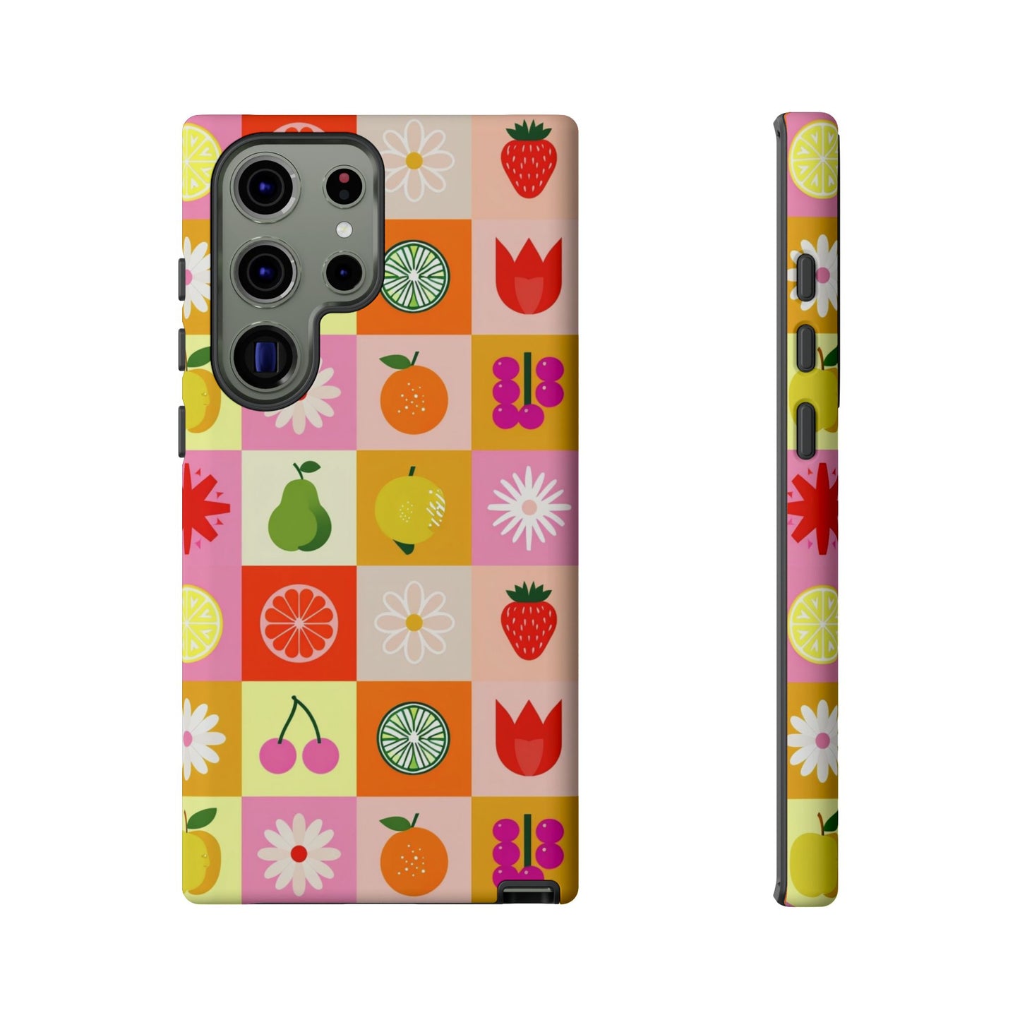 Flowers And Fruit Checkered Phone Cases For iPhone, Samsung Galaxy, and Google Pixel