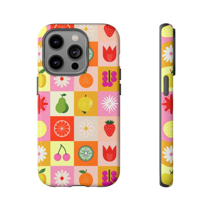 Flowers And Fruit Checkered Phone Cases For iPhone, Samsung Galaxy, and Google Pixel