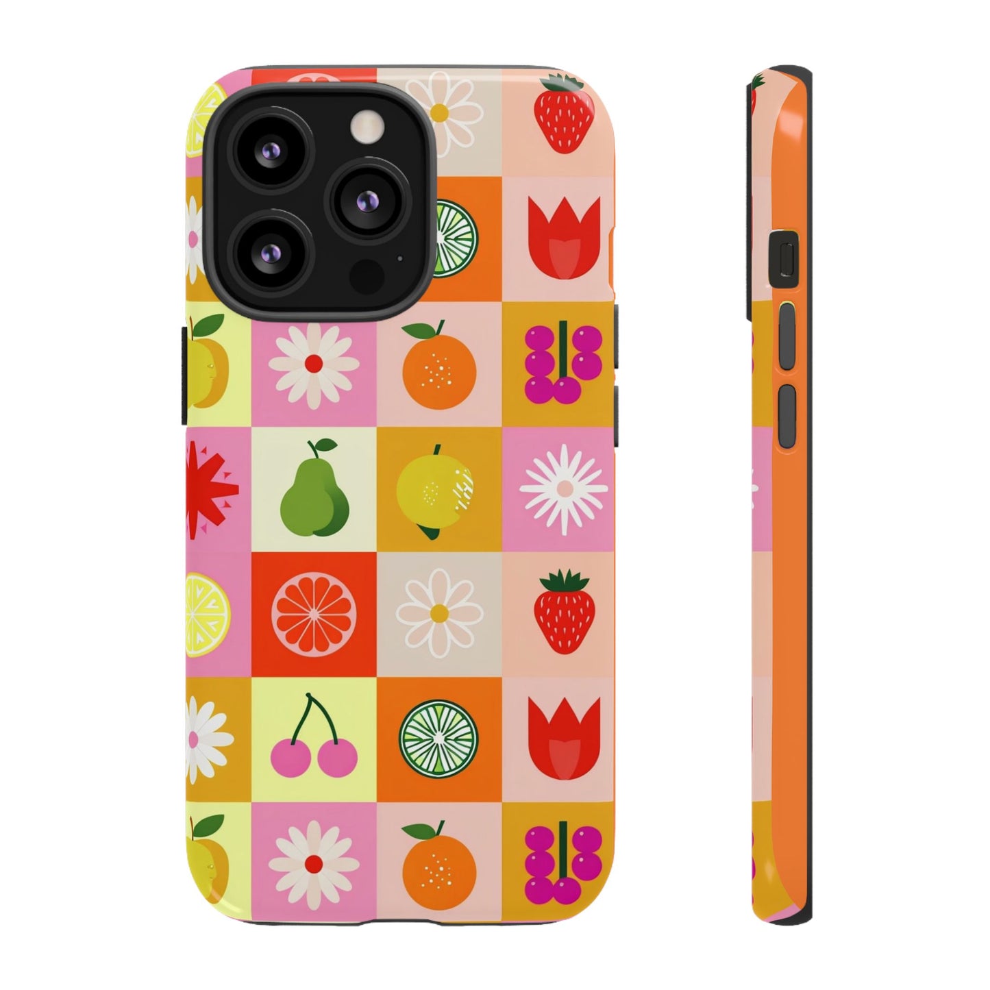 Flowers And Fruit Checkered Phone Cases For iPhone, Samsung Galaxy, and Google Pixel