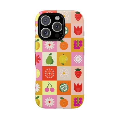 Flowers And Fruit Checkered Phone Cases For iPhone, Samsung Galaxy, and Google Pixel