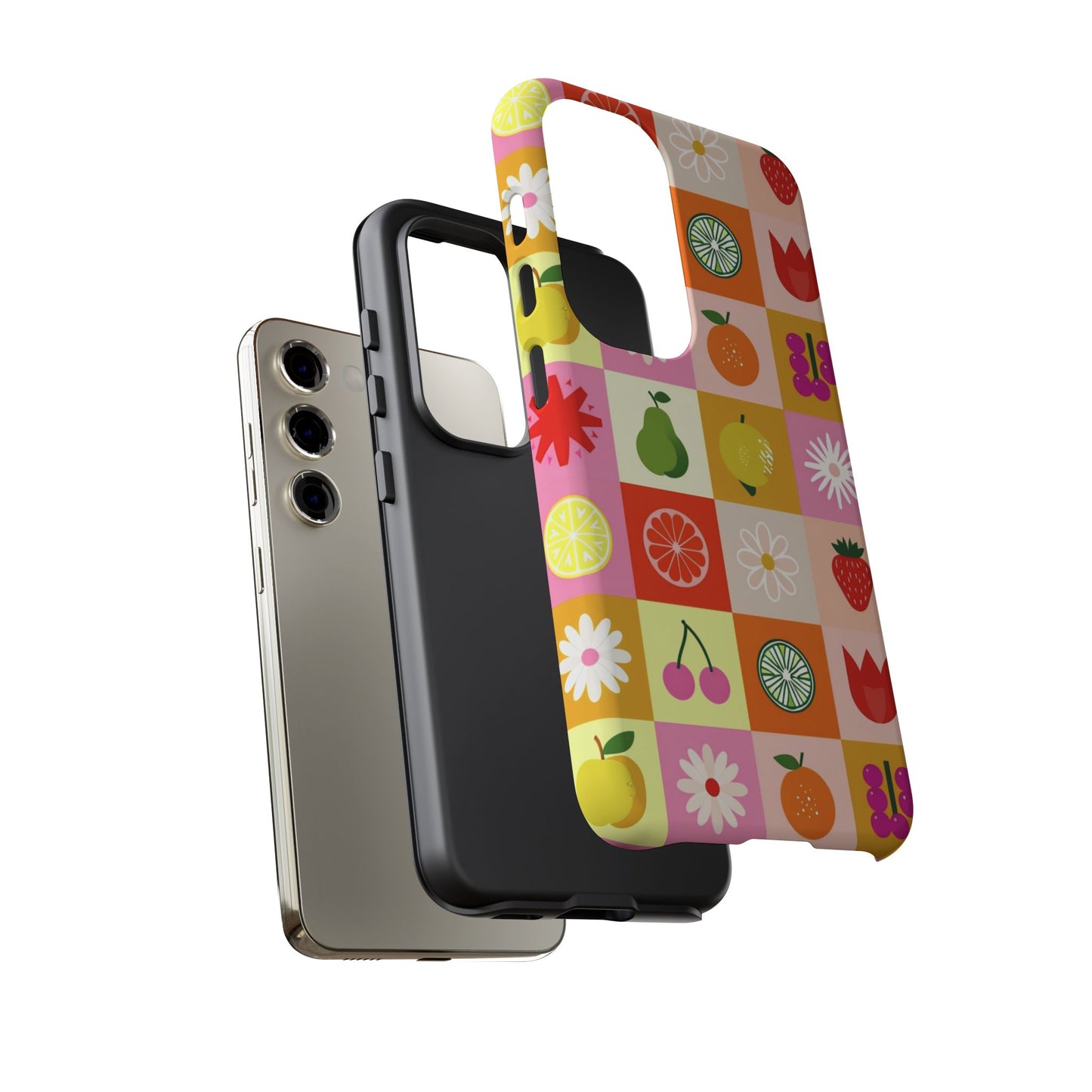 Flowers And Fruit Checkered Phone Cases For iPhone, Samsung Galaxy, and Google Pixel