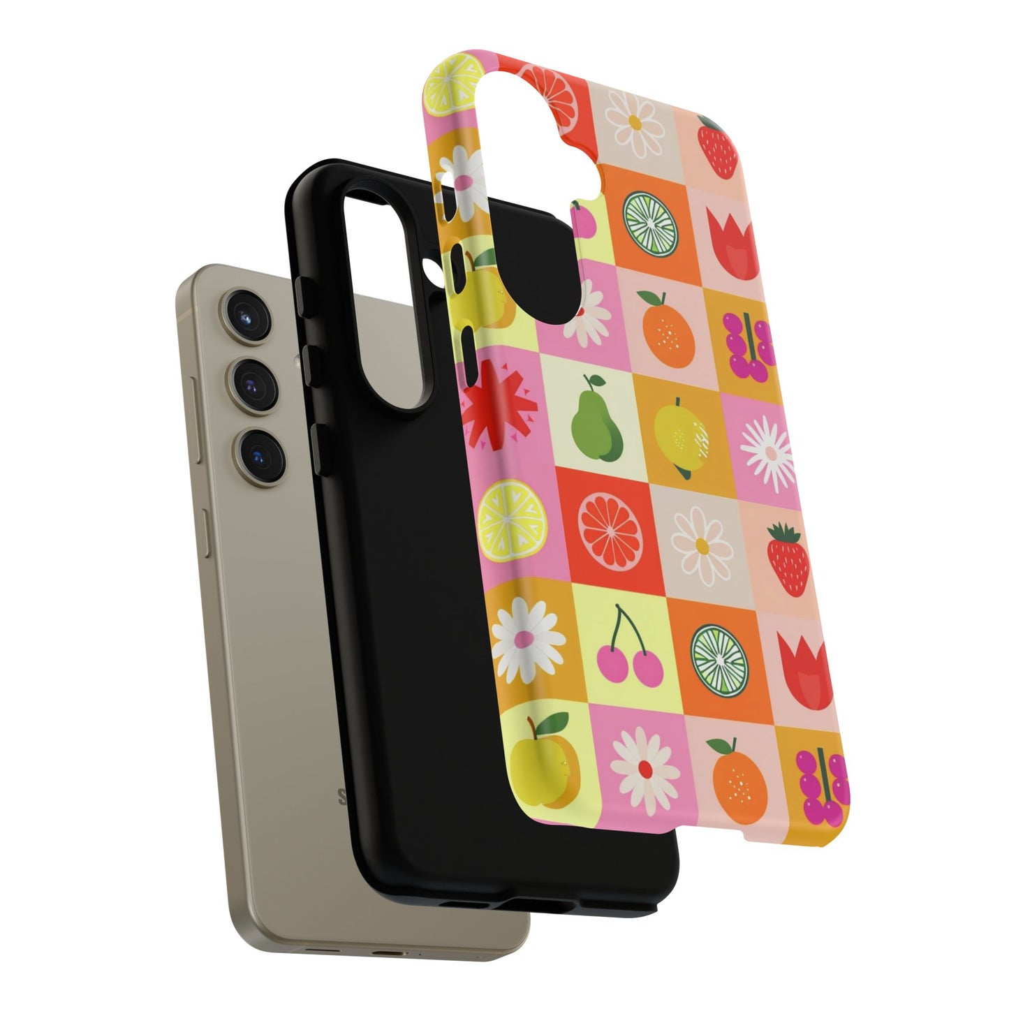 Flowers And Fruit Checkered Phone Cases For iPhone, Samsung Galaxy, and Google Pixel