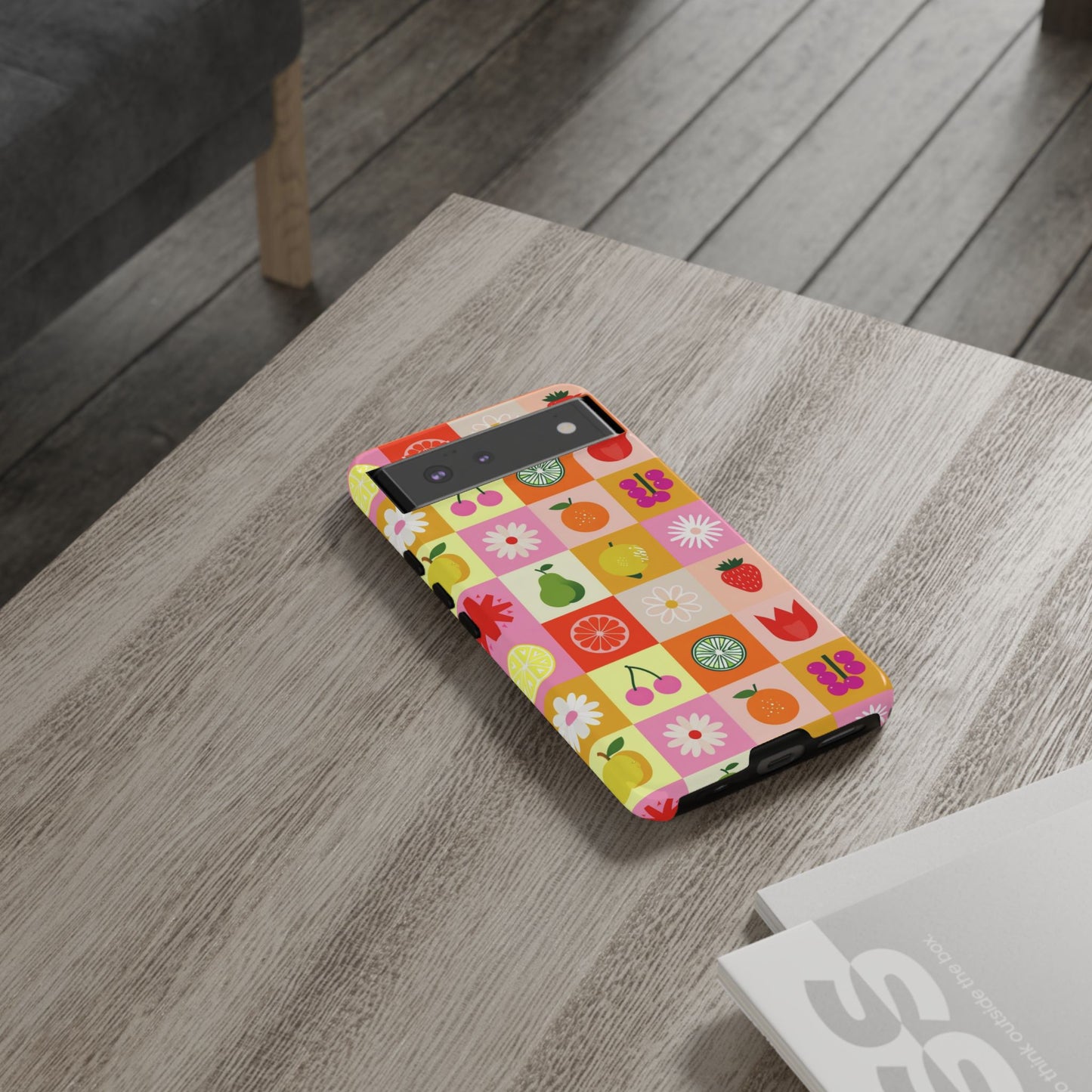 Flowers And Fruit Checkered Phone Cases For iPhone, Samsung Galaxy, and Google Pixel