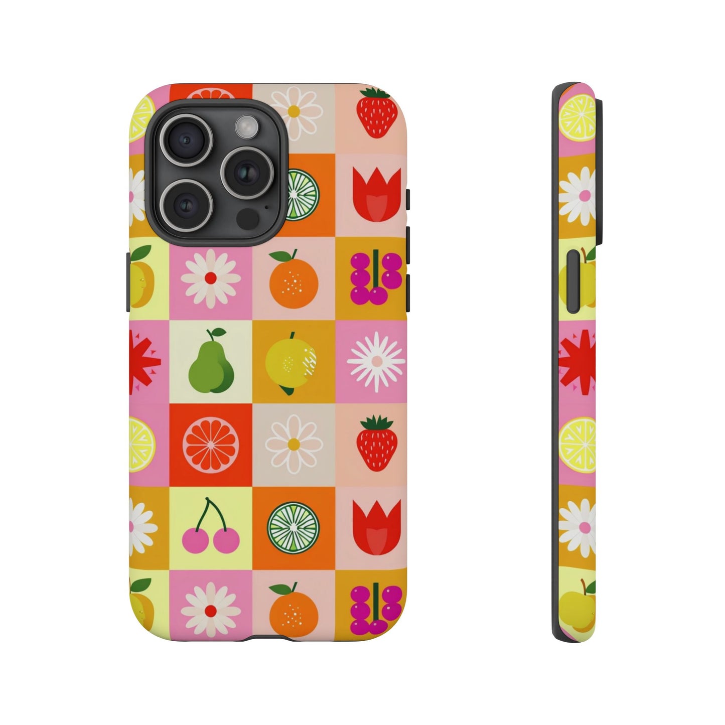 Flowers And Fruit Checkered Phone Cases For iPhone, Samsung Galaxy, and Google Pixel