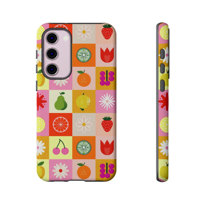 Flowers And Fruit Checkered Phone Cases For iPhone, Samsung Galaxy, and Google Pixel