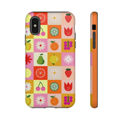 Flowers And Fruit Checkered Phone Cases For iPhone, Samsung Galaxy, and Google Pixel