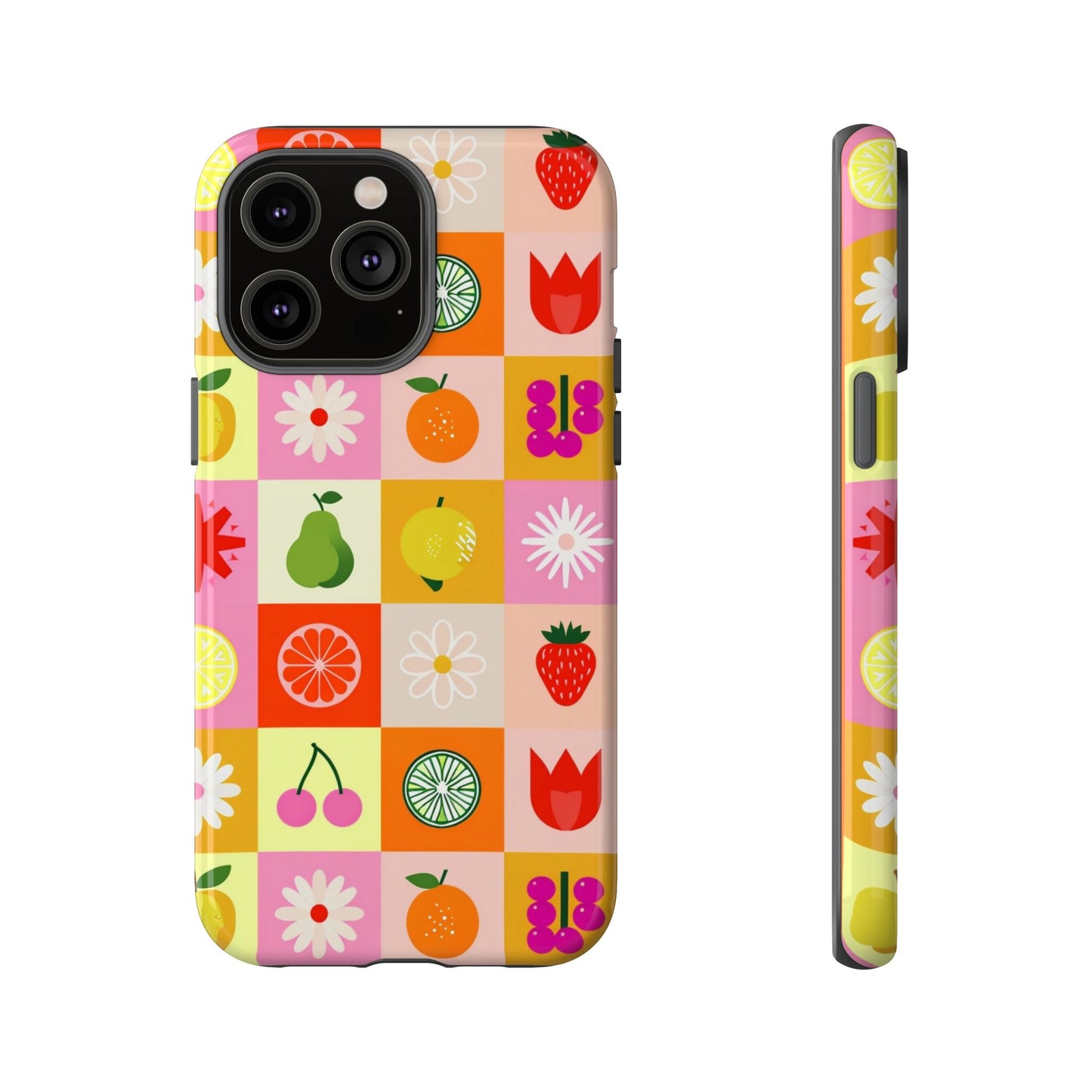 Flowers And Fruit Checkered Phone Cases For iPhone, Samsung Galaxy, and Google Pixel