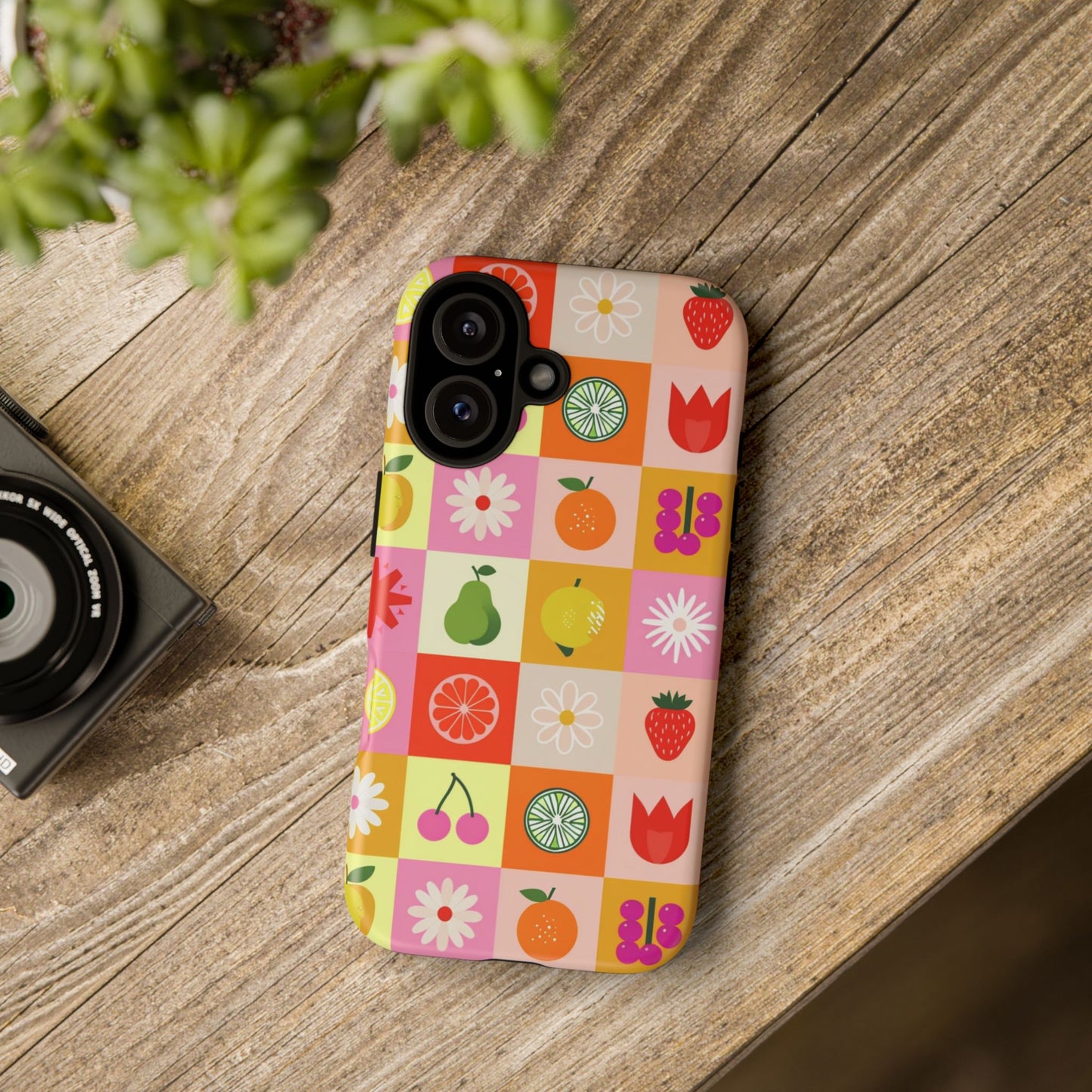 Flowers And Fruit Checkered Phone Cases For iPhone, Samsung Galaxy, and Google Pixel