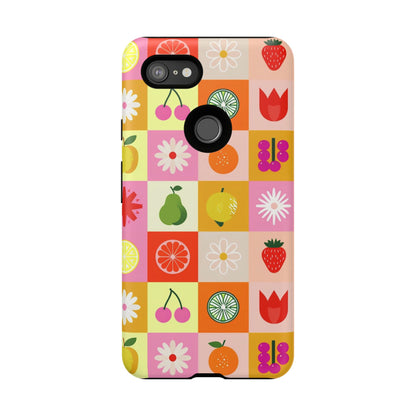 Flowers And Fruit Checkered Phone Cases For iPhone, Samsung Galaxy, and Google Pixel