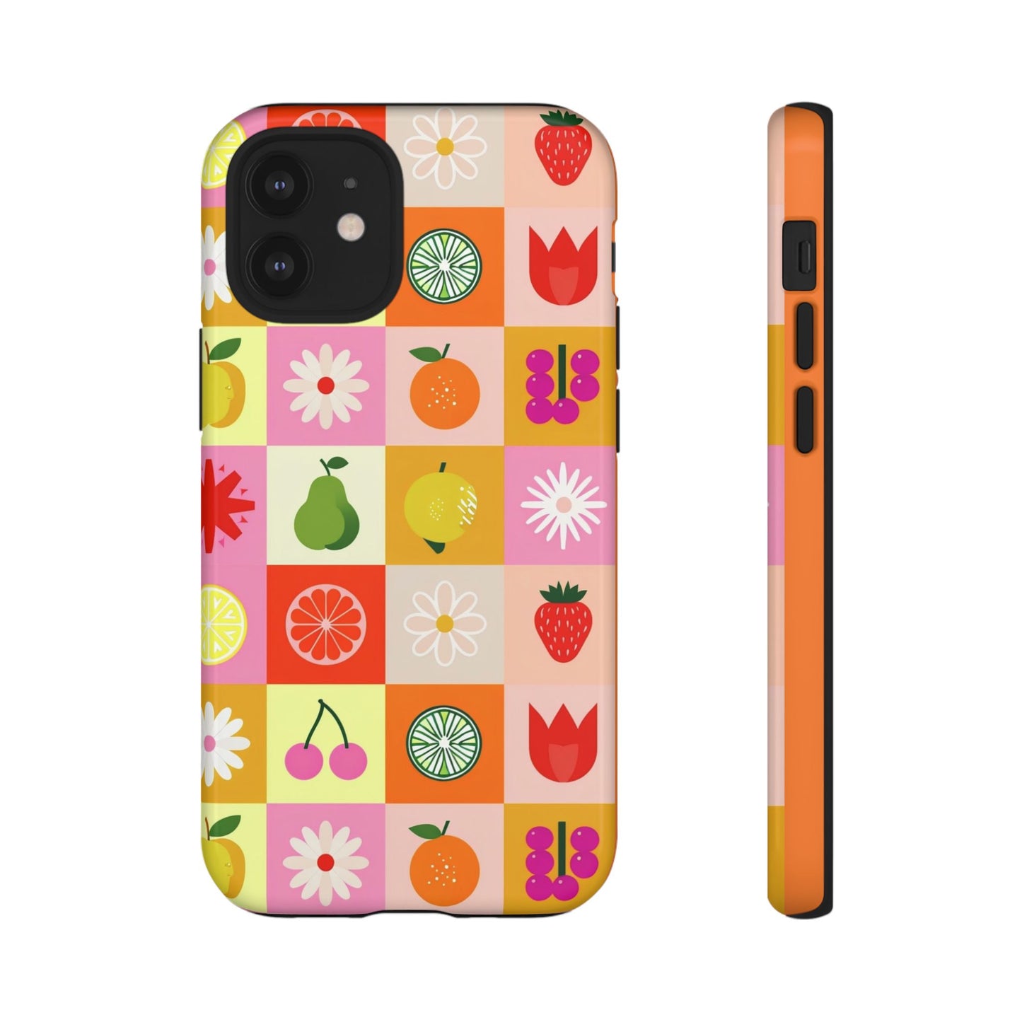 Flowers And Fruit Checkered Phone Cases For iPhone, Samsung Galaxy, and Google Pixel