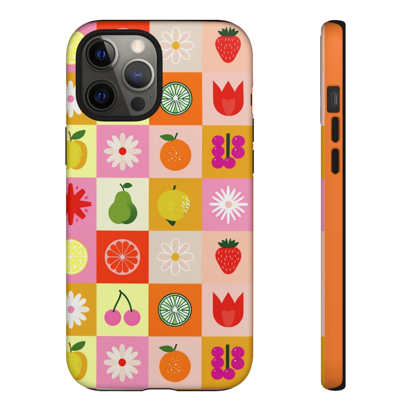 Flowers And Fruit Checkered Phone Cases For iPhone, Samsung Galaxy, and Google Pixel