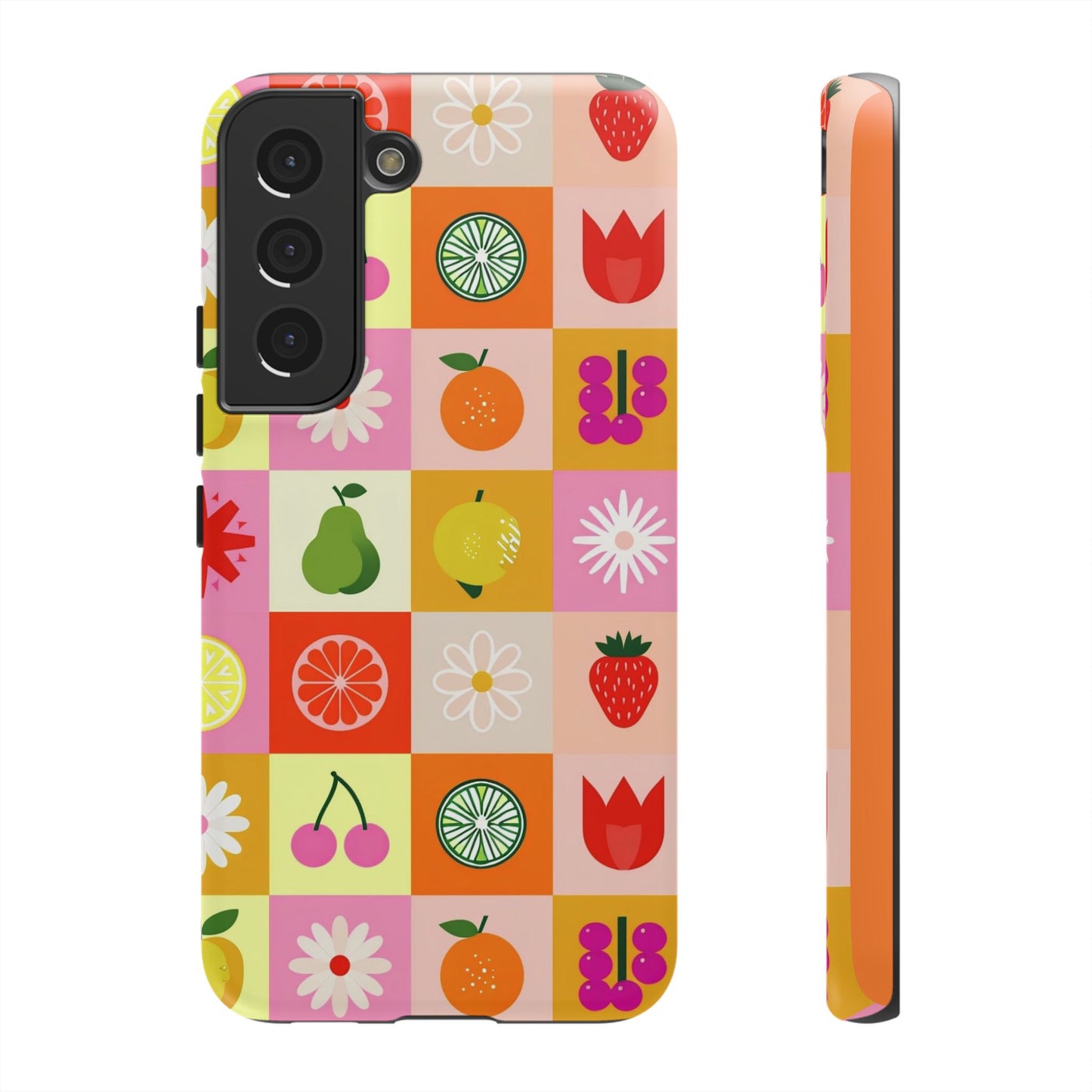 Flowers And Fruit Checkered Phone Cases For iPhone, Samsung Galaxy, and Google Pixel