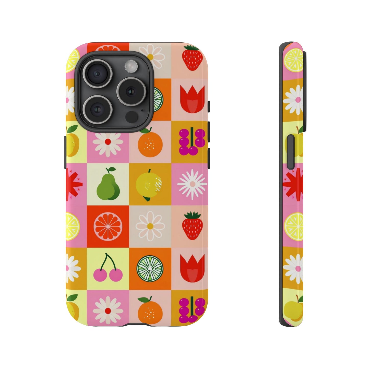 Flowers And Fruit Checkered Phone Cases For iPhone, Samsung Galaxy, and Google Pixel