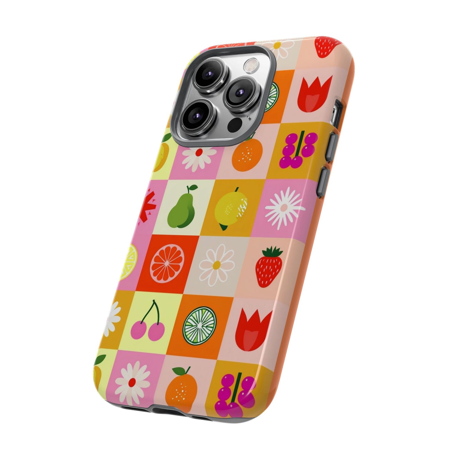 Flowers And Fruit Checkered Phone Cases For iPhone, Samsung Galaxy, and Google Pixel