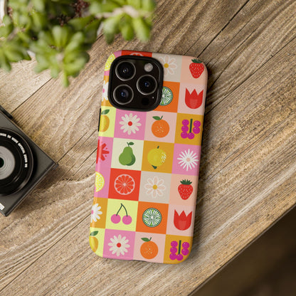 Flowers And Fruit Checkered Phone Cases For iPhone, Samsung Galaxy, and Google Pixel